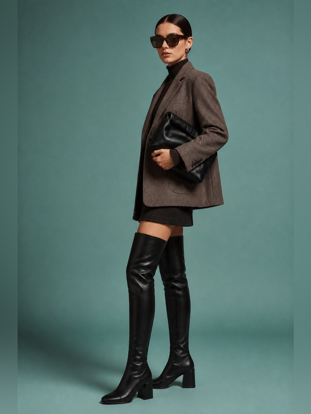 Zara Black Faux Leather Over The Knee Block Heel Round Toe Boots Womens Size 36